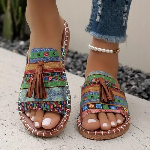 Women’s Bohemian Flat Slide Sandals Colorful Ethnic Print Tassel Decor Open Toe Slip-On Design Lightweight Flexible Sole in Kuwait