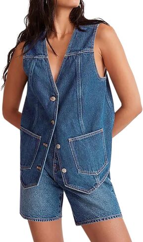 Denim Vest for Women Sleeveless Casual Bussiness V Neck Button Down Lightweight Jean Jacket in Kuwait