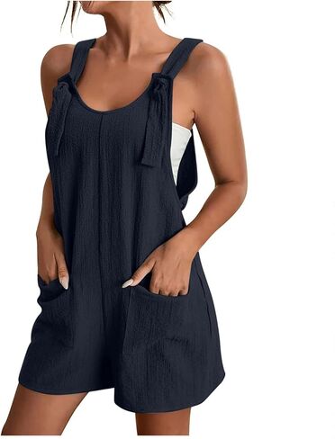 Womens Rompers For Summer Tie Knot Strap Short Romper Jumpsuit Boho Wide Leg Jumper Casual Loose Fit Overalls in Saudi Arabia