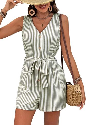 Women Summer Rompers Sleeveless V Neck Button Down Linen Jumpsuit Shorts Beach Striped Rompers with Belt in Saudi Arabia