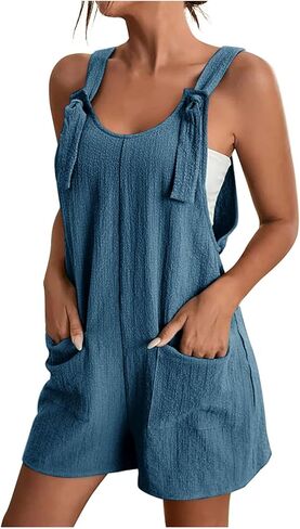 Womens Rompers For Summer Tie Knot Strap Short Romper Jumpsuit Boho Wide Leg Jumper Casual Loose Fit Overalls in Saudi Arabia