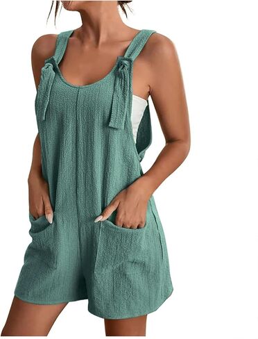Womens Rompers For Summer Tie Knot Strap Short Romper Jumpsuit Boho Wide Leg Jumper Casual Loose Fit Overalls in Saudi Arabia