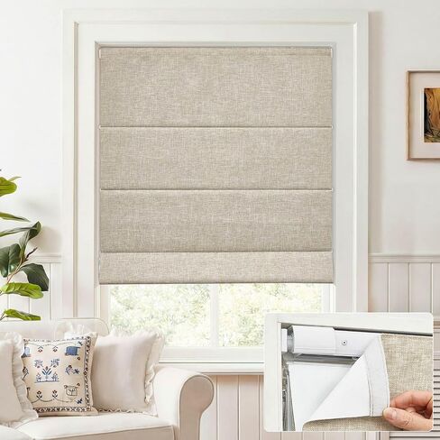 MiLin No Drill Roman Shades for Windows, Cordless Roman Blinds, Blackout Fabric Blinds for Indoor Windows Easy Install (Blackout - Beige, 35" W x 64" H) in Saudi Arabia