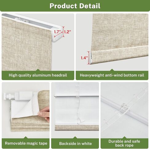 MiLin No Drill Roman Shades for Windows, Cordless Roman Blinds, Blackout Fabric Blinds for Indoor Windows Easy Install (Blackout - Beige, 35" W x 64" H) in Saudi Arabia