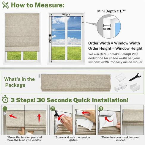 MiLin No Drill Roman Shades for Windows, Cordless Roman Blinds, Blackout Fabric Blinds for Indoor Windows Easy Install (Blackout - Beige, 35" W x 64" H) in Saudi Arabia