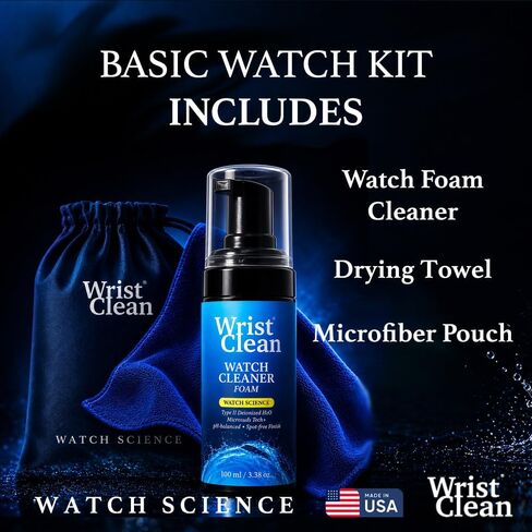 Basic Watch Cleaning Kit | Science Formulation for Safe & Gentle Cleaning | (1x) Watch Cleaner Foam 100ML, (1x) Drying Towel 11.5" x 11.5", (1x) Microfiber Pouch | USA Made (3 piece Set) | Rejuvenates Your Watch and Maintains Your Investment in Saudi Arabia
