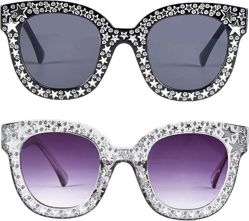 2Pcs Oversized Crystal Disco Sunglasses for Women Rhinestone Bling Square Thick Frame Glitter 70s Disco Accessories in Saudi Arabia