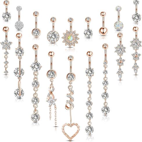 Yaomiao 18 Pcs 14G Stainless Steel Belly Button Ring Rhinestone Heart Dangle Belly Button Rings for Women Belly Button Rings in Kuwait