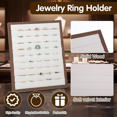 2 Pcs Ring Display Stand with 50 Slots, L-Shaped Velvet Jewelry Tray Organizer Board for Vendors, Boutique, Wedding, Home Storage (Wood & Velvet) in Saudi Arabia