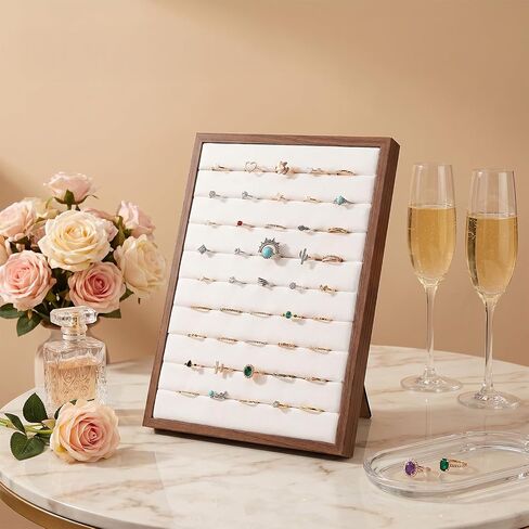 2 Pcs Ring Display Stand with 50 Slots, L-Shaped Velvet Jewelry Tray Organizer Board for Vendors, Boutique, Wedding, Home Storage (Wood & Velvet) in Saudi Arabia