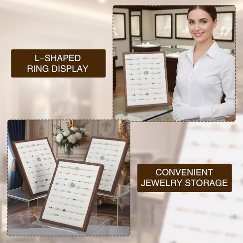 2 Pcs Ring Display Stand with 50 Slots, L-Shaped Velvet Jewelry Tray Organizer Board for Vendors, Boutique, Wedding, Home Storage (Wood & Velvet) in Saudi Arabia