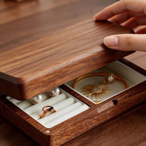Premium Black Walnut Jewelry Box for Women, Portable Organizer | Magnetic closure, soft velvet lining, fits rings, necklaces & bracelets, perfect for travel & gifting. in Kuwait