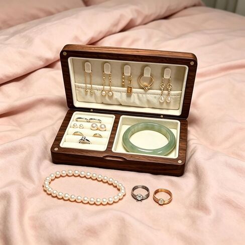 Premium Black Walnut Jewelry Box for Women, Portable Organizer | Magnetic closure, soft velvet lining, fits rings, necklaces & bracelets, perfect for travel & gifting. in Kuwait