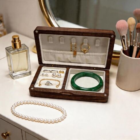 Premium Black Walnut Jewelry Box for Women, Portable Organizer | Magnetic closure, soft velvet lining, fits rings, necklaces & bracelets, perfect for travel & gifting. in Kuwait