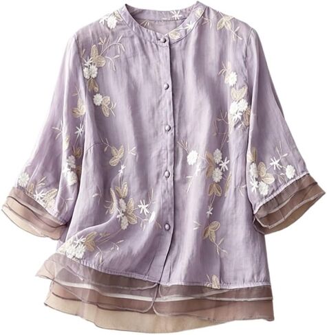 Womens Summer Linen Boho Embroidered Floral Shirts Coquette Lace Ruffle Vintage Aesthetic Blouses 3/4 Sleeve Tunic Top in Kuwait