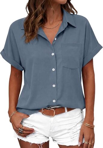 Tankaneo Womens Button Down Shirts Short Sleeve Blouses Summer Casual V Neck Collared Shirt Tops in Kuwait