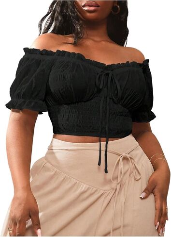WDIRARA Women's Plus Size Off The Shoulder Ruffle Crop Tops Tie Front Smocked Blouse Shirts in Saudi Arabia