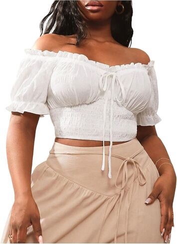 WDIRARA Women's Plus Size Off The Shoulder Ruffle Crop Tops Tie Front Smocked Blouse Shirts in Saudi Arabia