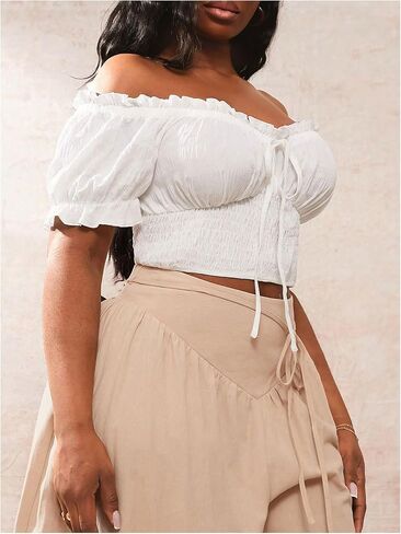 WDIRARA Women's Plus Size Off The Shoulder Ruffle Crop Tops Tie Front Smocked Blouse Shirts in Saudi Arabia