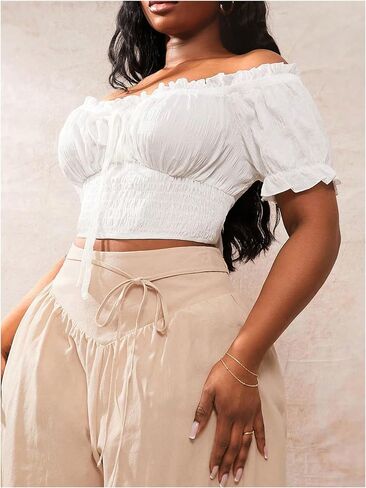 WDIRARA Women's Plus Size Off The Shoulder Ruffle Crop Tops Tie Front Smocked Blouse Shirts in Saudi Arabia