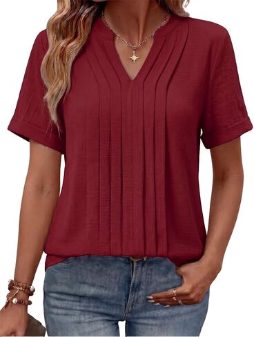 Women Tops Short Sleeve V Neck Blouses Loose Fit Dressy Casual Work Shirts 2026 Summer Vacation Clothes in Saudi Arabia
