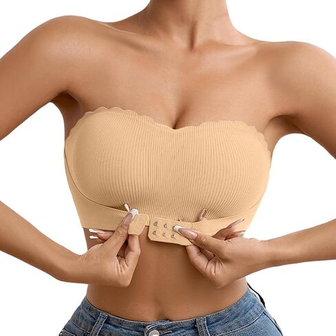 Strapless Bras for Women Push up Non-Slip Bandeau Front Hook Gathering Bra No Underwire Bottom Hem Comfort Tube Tops in Kuwait