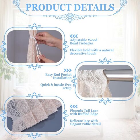 Hosuly 2 Pcs 55 x 80 Inch Lace Ruffled Closet Curtain for Open Closet with Wood Bead Tieback Vintage Country Lace Doorway Curtains French Living Room Divider for Laundry Door Bedroom Home Dorm Decor in Kuwait