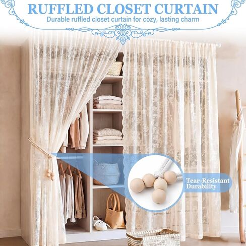 Hosuly 2 Pcs 55 x 80 Inch Lace Ruffled Closet Curtain for Open Closet with Wood Bead Tieback Vintage Country Lace Doorway Curtains French Living Room Divider for Laundry Door Bedroom Home Dorm Decor in Kuwait