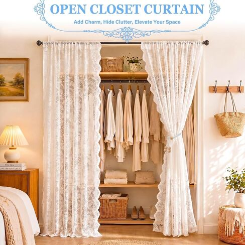Hosuly 2 Pcs 55 x 80 Inch Lace Ruffled Closet Curtain for Open Closet with Wood Bead Tieback Vintage Country Lace Doorway Curtains French Living Room Divider for Laundry Door Bedroom Home Dorm Decor in Kuwait