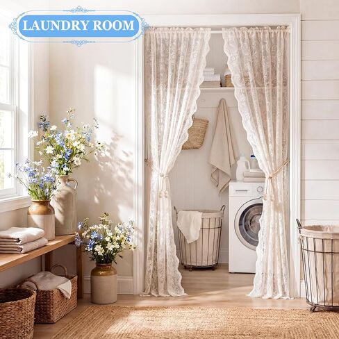 Hosuly 2 Pcs 55 x 80 Inch Lace Ruffled Closet Curtain for Open Closet with Wood Bead Tieback Vintage Country Lace Doorway Curtains French Living Room Divider for Laundry Door Bedroom Home Dorm Decor in Kuwait