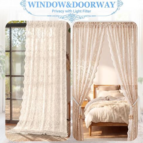 Hosuly 2 Pcs 55 x 80 Inch Lace Ruffled Closet Curtain for Open Closet with Wood Bead Tieback Vintage Country Lace Doorway Curtains French Living Room Divider for Laundry Door Bedroom Home Dorm Decor in Kuwait