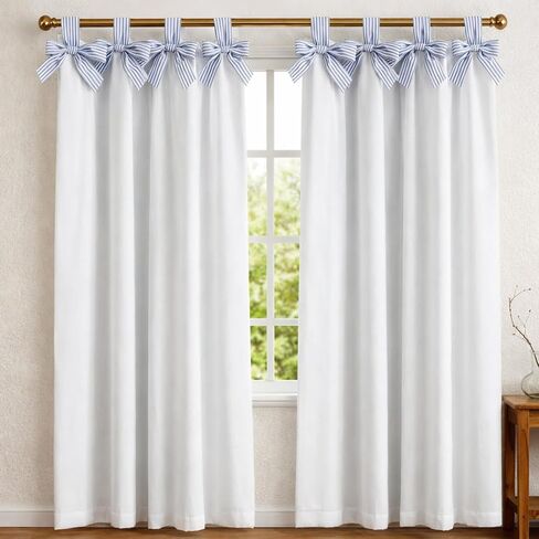Striped Coastal Bow Blackout Curtain Blue and White Coastal Curtains Cotton Beach Decorative Blackout Drapes for Living Room Bedroom Window Cotton, 52 x 84 Inch, 1 Panel in Saudi Arabia