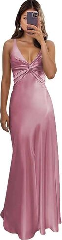 V Neck Long Satin Bridesmaid Dresses for Women A Line Maxi Formal Evening Party Gowns with Slit in Saudi Arabia