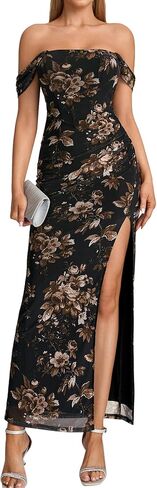 EYNMIN Off Shoulder Corset Maxi Long Formal Wedding Guest Dresses for Women Ruched Bodycon Slit Mesh Cocktail Party Dress in Kuwait