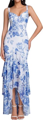 HTZMO Women Floral Wedding Guest Maxi Dress Summer Tiered Hem V Neck Bodycon Formal Party Elegant Long Dresses in Saudi Arabia