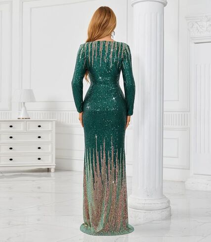 dasmzper Women's Ombre Sequin Evening Gown–Long Sleeve V-Neck Slim Formal Dress for Wedding Guest, Prom & Parties in Saudi Arabia
