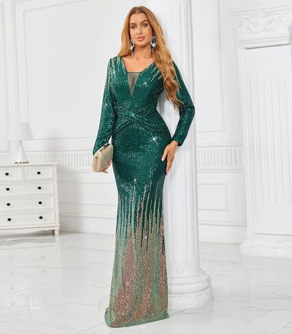 dasmzper Women's Ombre Sequin Evening Gown–Long Sleeve V-Neck Slim Formal Dress for Wedding Guest, Prom & Parties in Saudi Arabia