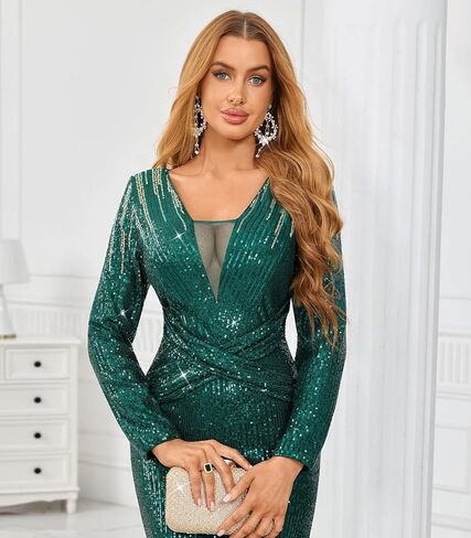 dasmzper Women's Ombre Sequin Evening Gown–Long Sleeve V-Neck Slim Formal Dress for Wedding Guest, Prom & Parties in Saudi Arabia
