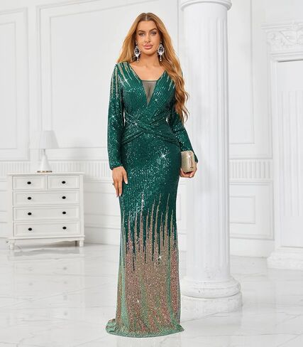 dasmzper Women's Ombre Sequin Evening Gown–Long Sleeve V-Neck Slim Formal Dress for Wedding Guest, Prom & Parties in Saudi Arabia