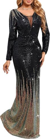 dasmzper Women's Ombre Sequin Evening Gown–Long Sleeve V-Neck Slim Formal Dress for Wedding Guest, Prom & Parties in Saudi Arabia