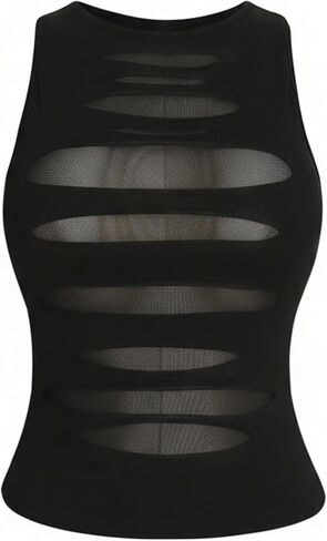 SHENHE Women's Plus Size Cut Out Punk Rock Mesh Tank Top Ripped Sleeveless Sexy Top in Saudi Arabia