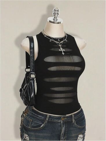 SHENHE Women's Plus Size Cut Out Punk Rock Mesh Tank Top Ripped Sleeveless Sexy Top in Saudi Arabia