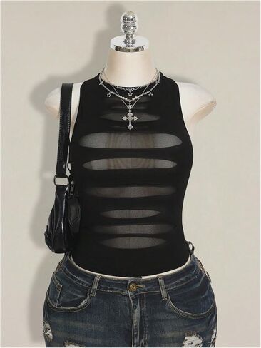 SHENHE Women's Plus Size Cut Out Punk Rock Mesh Tank Top Ripped Sleeveless Sexy Top in Saudi Arabia