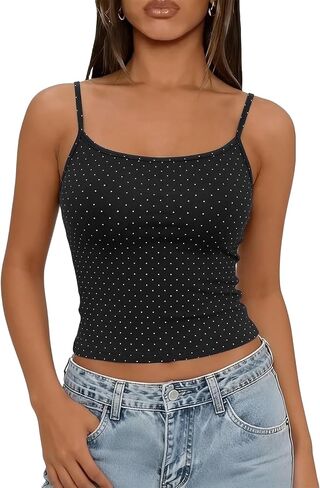 Lingswaollow Women's Polka Dot Crop Tank Top Adjustable Spaghetti Straps Sleeveless Y2K Going Out Fitted Basic Camisole Shirt in Saudi Arabia