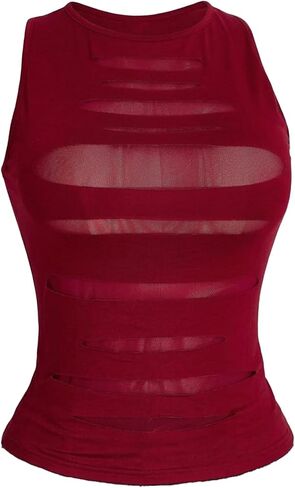 SHENHE Women's Plus Size Cut Out Punk Rock Mesh Tank Top Ripped Sleeveless Sexy Top in Saudi Arabia