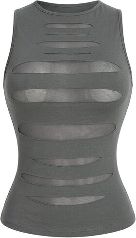 SHENHE Women's Plus Size Cut Out Punk Rock Mesh Tank Top Ripped Sleeveless Sexy Top in Saudi Arabia