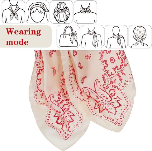 Square Neck Scarf for Women, 26.7 Inch Red and Beige Satin Printed Neckerchief for Women Hair, Soft Medium Square Bandanas in Kuwait