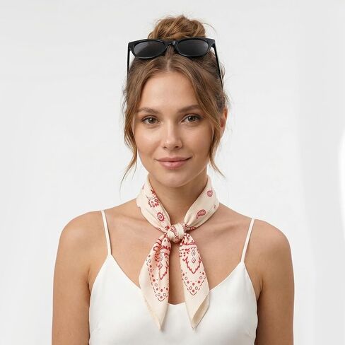 Square Neck Scarf for Women, 26.7 Inch Red and Beige Satin Printed Neckerchief for Women Hair, Soft Medium Square Bandanas in Kuwait