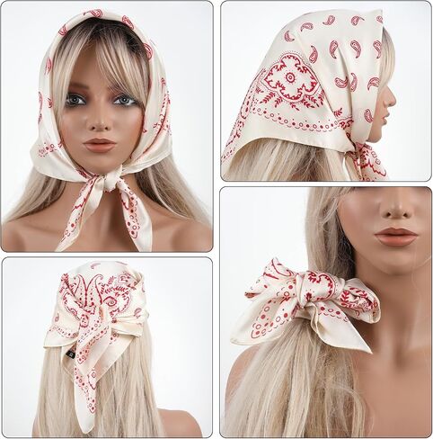 Square Neck Scarf for Women, 26.7 Inch Red and Beige Satin Printed Neckerchief for Women Hair, Soft Medium Square Bandanas in Kuwait