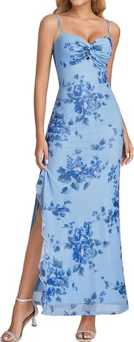 EYNMIN Formal Maxi Wedding Guest Dresses for Women Spaghetti Strap Bow Tie Ruffle Bodycon Slit Mesh Cocktail Long Dress in Kuwait